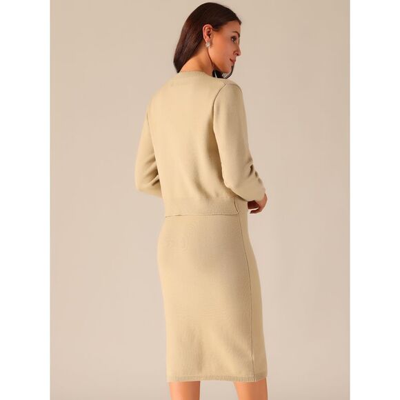 Two Piece Winter Button Down Cardigan Midi Skirts Casual Lounge Set Khaki - Picture 4 of 5